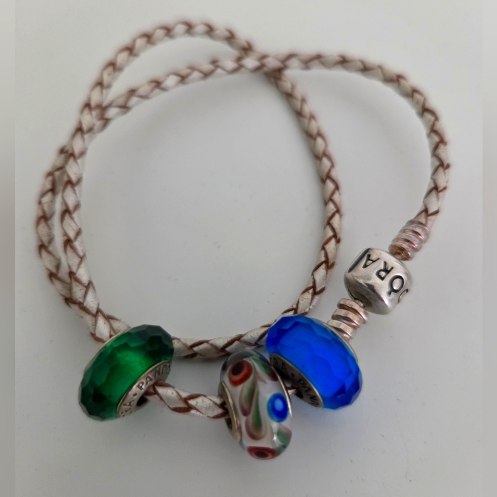 Pandora Cream Leather Bracelet with Green and Blue Charms